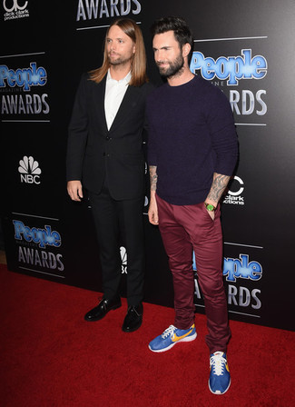 Adam Levine wearing Blue Athletic Shoes, Burgundy Chinos, Violet Crew-neck Sweater