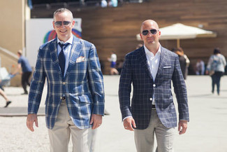 Blue Plaid Blazer Outfits For Men: Team a blue plaid blazer with beige dress pants for seriously classic style.