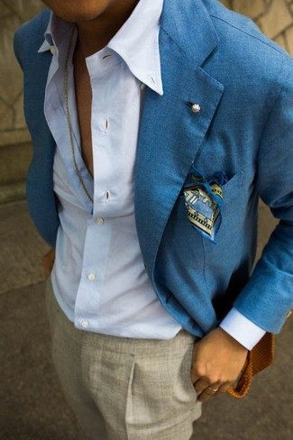 Go all out in a blue linen blazer and grey dress pants.