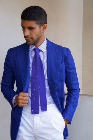 Purple Polka Dot Tie Outfits For Men: For smart style with a modernized spin, you can rock a blue blazer and a purple polka dot tie.