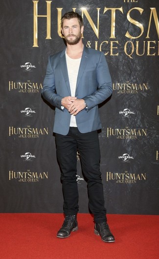 Chris Hemsworth wearing Blue Blazer, White Crew-neck T-shirt, Black Jeans, Black Leather Casual Boots