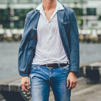 Blue Ripped Jeans Outfits For Men: Marry a blue blazer with blue ripped jeans to assemble an everyday ensemble that's full of charisma and personality.