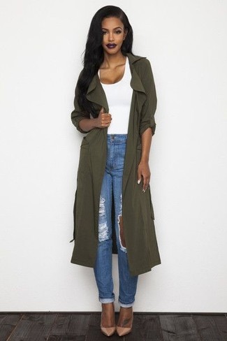 Women's Tan Leather Pumps, Blue Ripped Boyfriend Jeans, White Tank, Olive Lightweight Trenchcoat