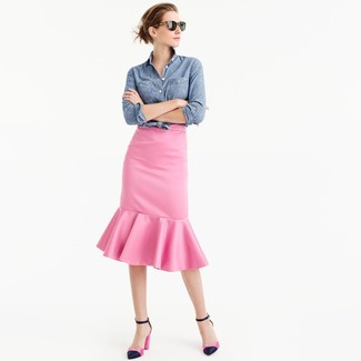 Women's Blue Chambray Dress Shirt, Pink Peplum Skirt, Navy Satin Pumps