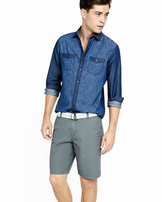 Men's Blue Chambray Long Sleeve Shirt, Grey Shorts, White Canvas Belt