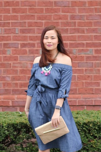 Women's Blue Chambray Off Shoulder Top, Gold Leather Clutch, Hot Pink Necklace