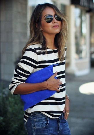 White and Navy Horizontal Striped Long Sleeve T-shirt Outfits For Women: 
