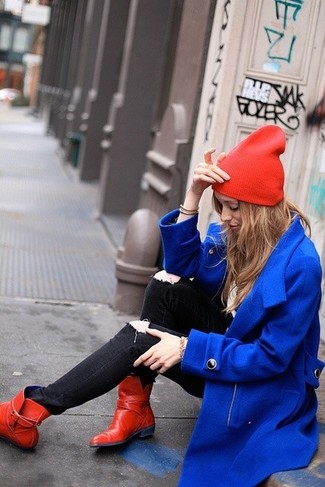 Women's Blue Coat, Black Ripped Skinny Jeans, Red Leather Ankle Boots, Red Beanie