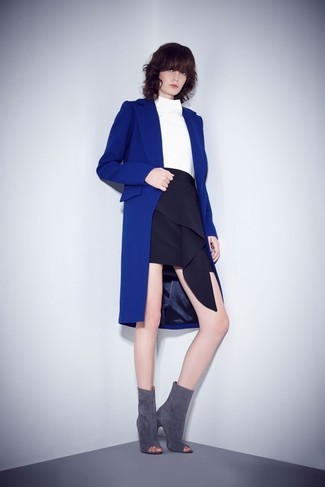 Black Ruffle Mini Skirt Outfits: This relaxed pairing of a blue coat and a black ruffle mini skirt is extremely easy to throw together in no time flat, helping you look chic and ready for anything without spending too much time combing through your closet. Infuse your ensemble with an added touch of refinement by finishing with grey cutout suede ankle boots.