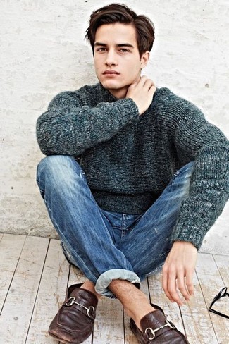 Blue Crew-neck Sweater Outfits For Men: Breathe a relaxed vibe into your daily lineup with a blue crew-neck sweater and blue ripped jeans. Dial up your ensemble by finishing off with a pair of dark brown leather loafers.