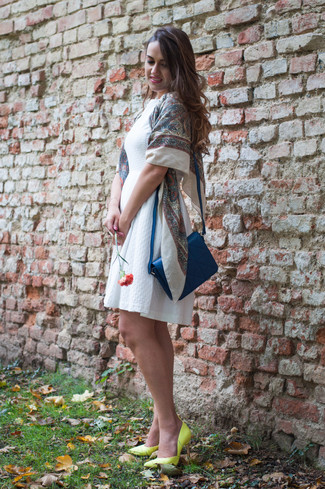 Women's Beige Print Scarf, Blue Leather Crossbody Bag, Green-Yellow Leather Pumps, White Skater Dress
