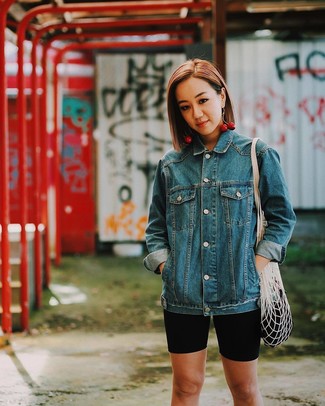 Black Bike Shorts Outfits: Wear a blue denim jacket with black bike shorts to assemble a chic outfit.