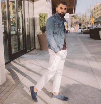 Navy Suede Monks Outfits: Team a blue denim jacket with white chinos for a daily getup that's full of style and personality. Wondering how to complete this getup? Finish with navy suede monks to lift it up.