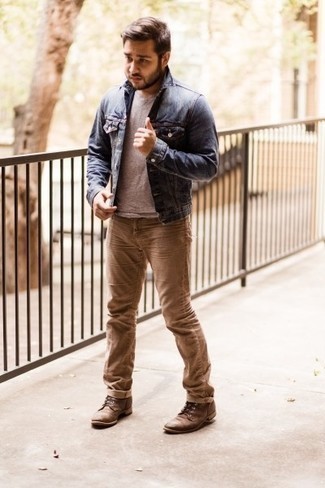Tobacco Leather Casual Boots Casual Outfits For Men: This pairing of a blue denim jacket and khaki jeans makes for the ultimate casual look for today's gent. Go for tobacco leather casual boots to completely spice up the look.