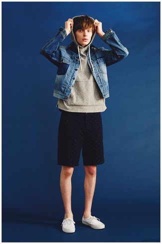 White Plimsolls Outfits For Men: A blue denim jacket and black polka dot shorts are wonderful menswear must-haves that will integrate perfectly within your daily styling collection. Look at how great this ensemble goes with a pair of white plimsolls.