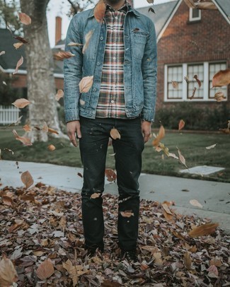 Black Jeans with Denim Jacket Outfits For Men: For a cool and casual outfit, make a denim jacket and black jeans your outfit choice — these two items work really well together. To add a bit of zing to this outfit, complement this ensemble with black leather casual boots.
