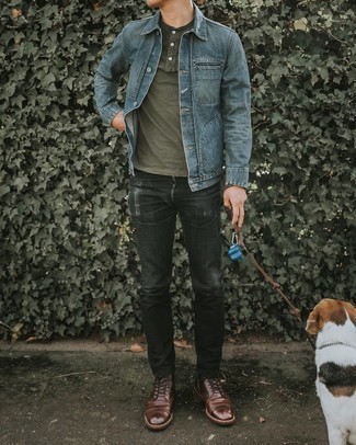 Men's Blue Denim Jacket, Olive Henley Shirt, Black Ripped Jeans, Dark Brown Leather Casual Boots