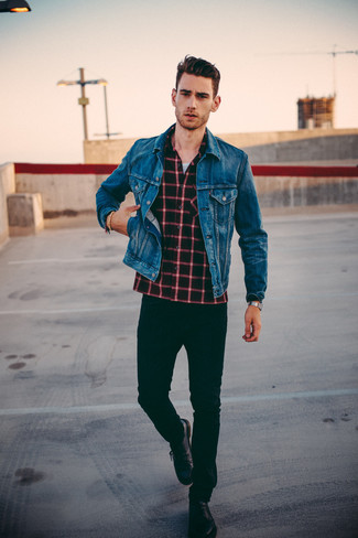 Red Check Long Sleeve Shirt Outfits For Men: Go for a red check long sleeve shirt and black skinny jeans for an easy-to-style menswear style. If you want to effortlessly ramp up your look with one item, why not add black leather derby shoes to your look?