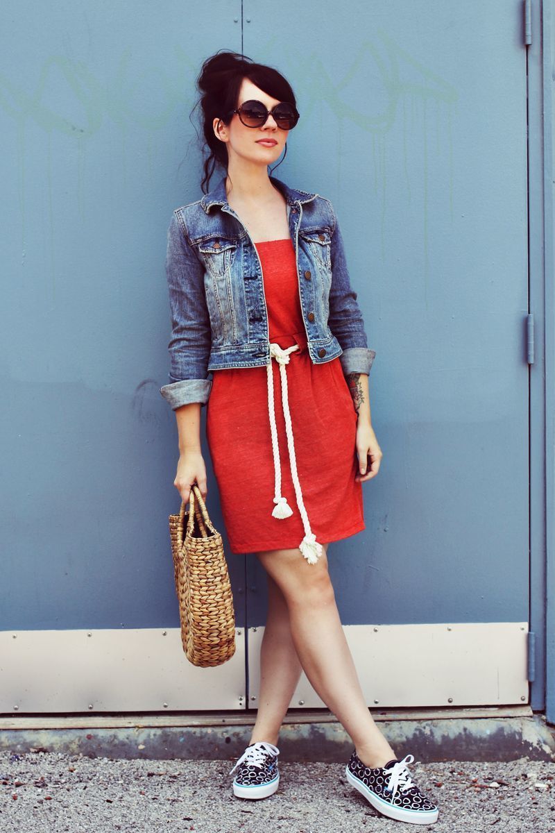 Red Dress with Denim Jacket Casual Outfits (5 ideas & outfits) | Lookastic