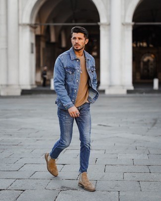 Tan Suede Chelsea Boots Outfits For Men: This laid-back combination of a blue denim jacket and blue ripped skinny jeans is a winning option when you need to look great but have zero time to dress up. Let your styling expertise really shine by rounding off your look with a pair of tan suede chelsea boots.