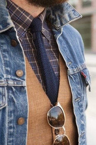 Men's Blue Denim Jacket, Tobacco Waistcoat, Charcoal Plaid Dress Shirt, Navy Knit Tie