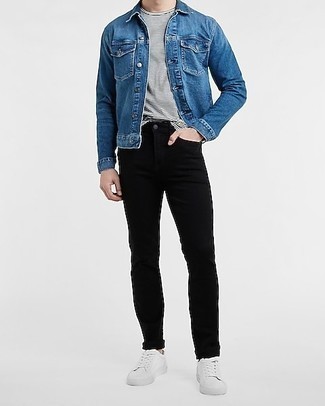 Black Ripped Skinny Jeans Outfits For Men: A blue denim jacket and black ripped skinny jeans will add serious cool to your day-to-day off-duty wardrobe. If you feel like stepping it up a bit, add white canvas low top sneakers to the mix.