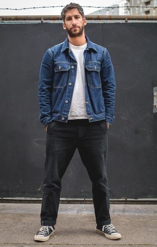 Blue Denim Jacket Outfits For Men: If you feel more confident wearing something practical, you'll love this on-trend combo of a blue denim jacket and charcoal chinos. On the fence about how to finish? Complement your outfit with a pair of navy and white canvas low top sneakers to mix things up.