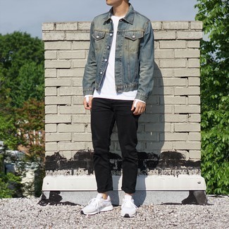 Black Jeans with Denim Jacket Outfits For Men: Such must-haves as a denim jacket and black jeans are the perfect way to introduce effortless cool into your casual repertoire. To inject a sense of stylish effortlessness into your getup, add a pair of white athletic shoes to the equation.