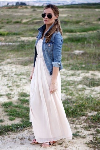 Women's Blue Denim Jacket, White Pleated Maxi Dress, Red Leather Flat Sandals