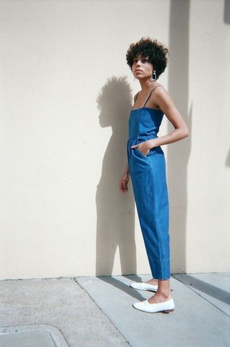 Blue Denim Jumpsuit Outfits: Choose a blue denim jumpsuit to achieve an interesting and current casual ensemble. Feeling transgressive? Shake things up by finishing off with a pair of white leather loafers.