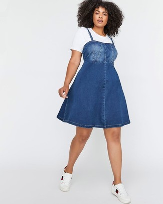 denim dress with white shoes