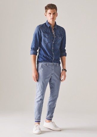 Men's Blue Denim Shirt, Light Blue Chinos, White Leather Low Top Sneakers