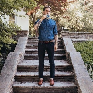Blue Denim Shirt Outfits For Men: If the situation permits casual dressing, consider wearing a blue denim shirt and navy jeans. Let your sartorial sensibilities really shine by finishing off this ensemble with a pair of tobacco leather oxford shoes.