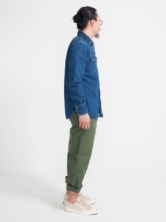 Men's Blue Denim Shirt, Olive Chinos, Beige Canvas Low Top Sneakers, Clear Sunglasses