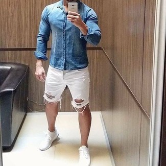White Shorts Outfits For Men: Opt for a blue denim shirt and white shorts for relaxed dressing with a twist. To bring out the fun side of you, complete your ensemble with white athletic shoes.