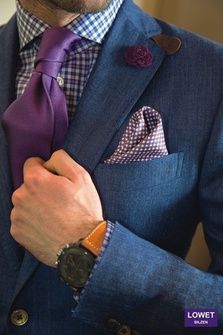 Men's Blue Double Breasted Blazer, White and Blue Gingham Dress Shirt, Purple Tie, White and Violet Polka Dot Pocket Square
