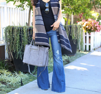 Women's Grey Leather Tote Bag, Blue Flare Jeans, Black Tank, Navy Horizontal Striped Wool Vest