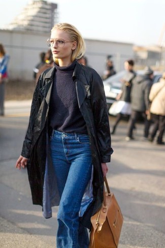 Women's Tan Leather Tote Bag, Blue Flare Jeans, Black Turtleneck, Black Trenchcoat