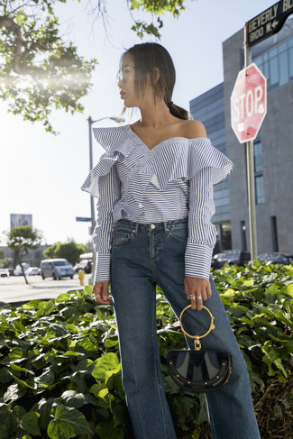 Women's Blue Flare Jeans, White Horizontal Striped Off Shoulder Top