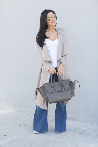 Women's Charcoal Leather Tote Bag, Blue Flare Jeans, White Tank, Grey Duster Coat