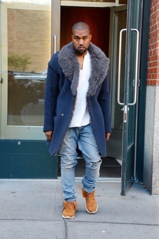 Kanye West wearing Blue Fur Collar Coat, White Henley Shirt, Light Blue Ripped Jeans, Tobacco Suede Desert Boots