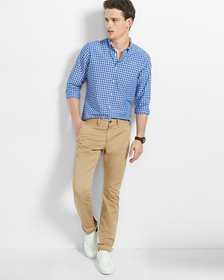 Men's Blue Gingham Long Sleeve Shirt, Khaki Chinos, White Leather Low Top Sneakers