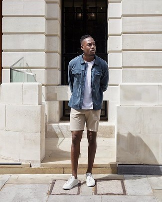 Tan Shorts Outfits For Men: A blue harrington jacket and tan shorts are an easy way to infuse effortless cool into your casual styling routine. Let your sartorial skills truly shine by finishing off this outfit with white canvas low top sneakers.