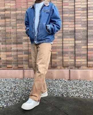 Blue Harrington Jacket Outfits: If you don't take fashion too seriously, go for laid-back and cool style in a blue harrington jacket and khaki chinos. Put a modern spin on your look by sporting white leather low top sneakers.