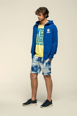 Men's Blue Hoodie, Yellow Print Crew-neck T-shirt, White and Blue ...