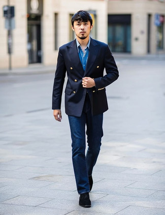 blue coat with black shoes
