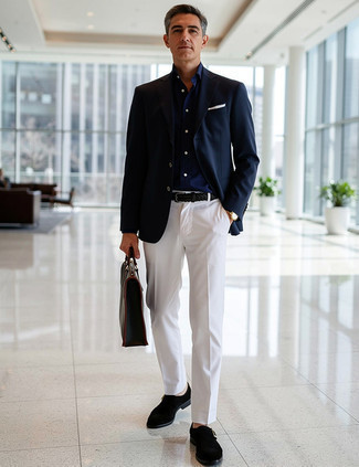 blue coat with black shoes