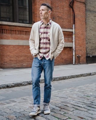 Men's Grey Leather Low Top Sneakers, Blue Jeans, Beige Plaid Flannel Long Sleeve Shirt, White Cardigan