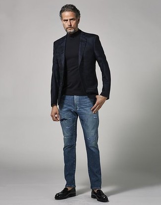 Black Turtleneck with Blue Ripped Jeans Outfits For Men: 