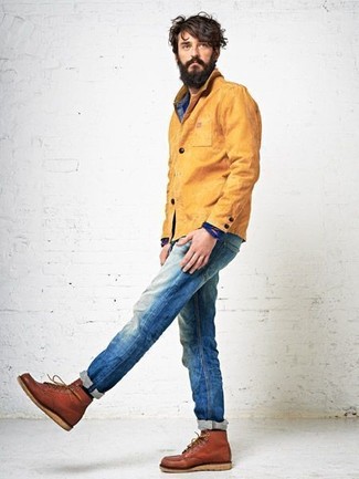 Men's Tobacco Leather Casual Boots, Blue Jeans, Blue Denim Shirt, Mustard Barn Jacket